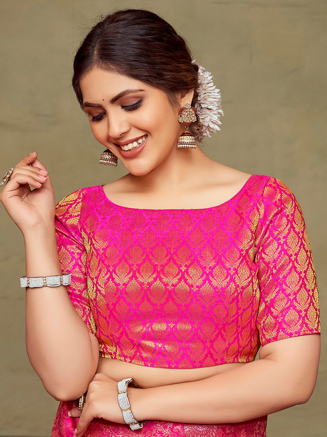 Pink Boat Neck Brocade Blouse with Gold Zari
