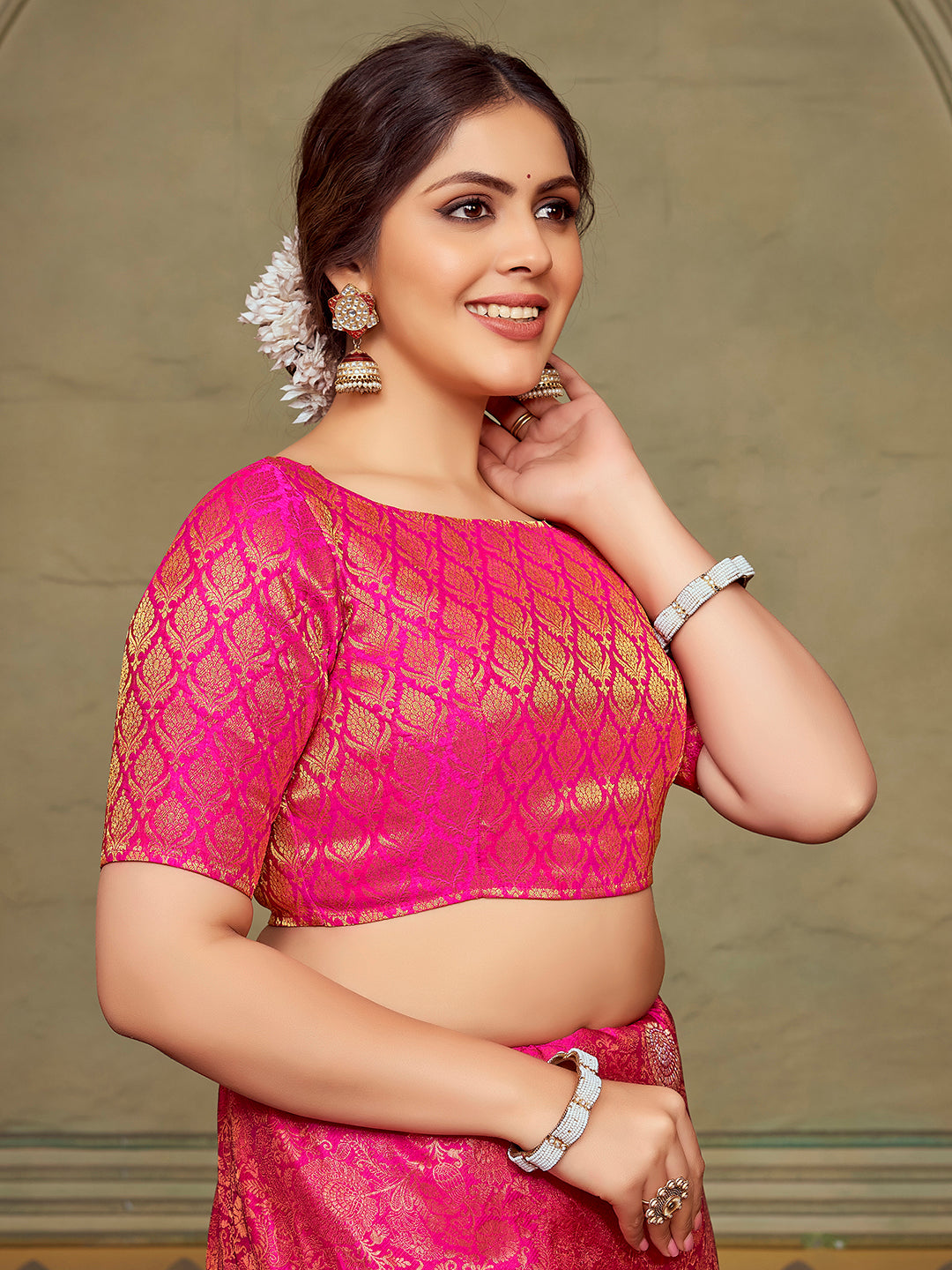 Pink Boat Neck Brocade Blouse with Gold Zari