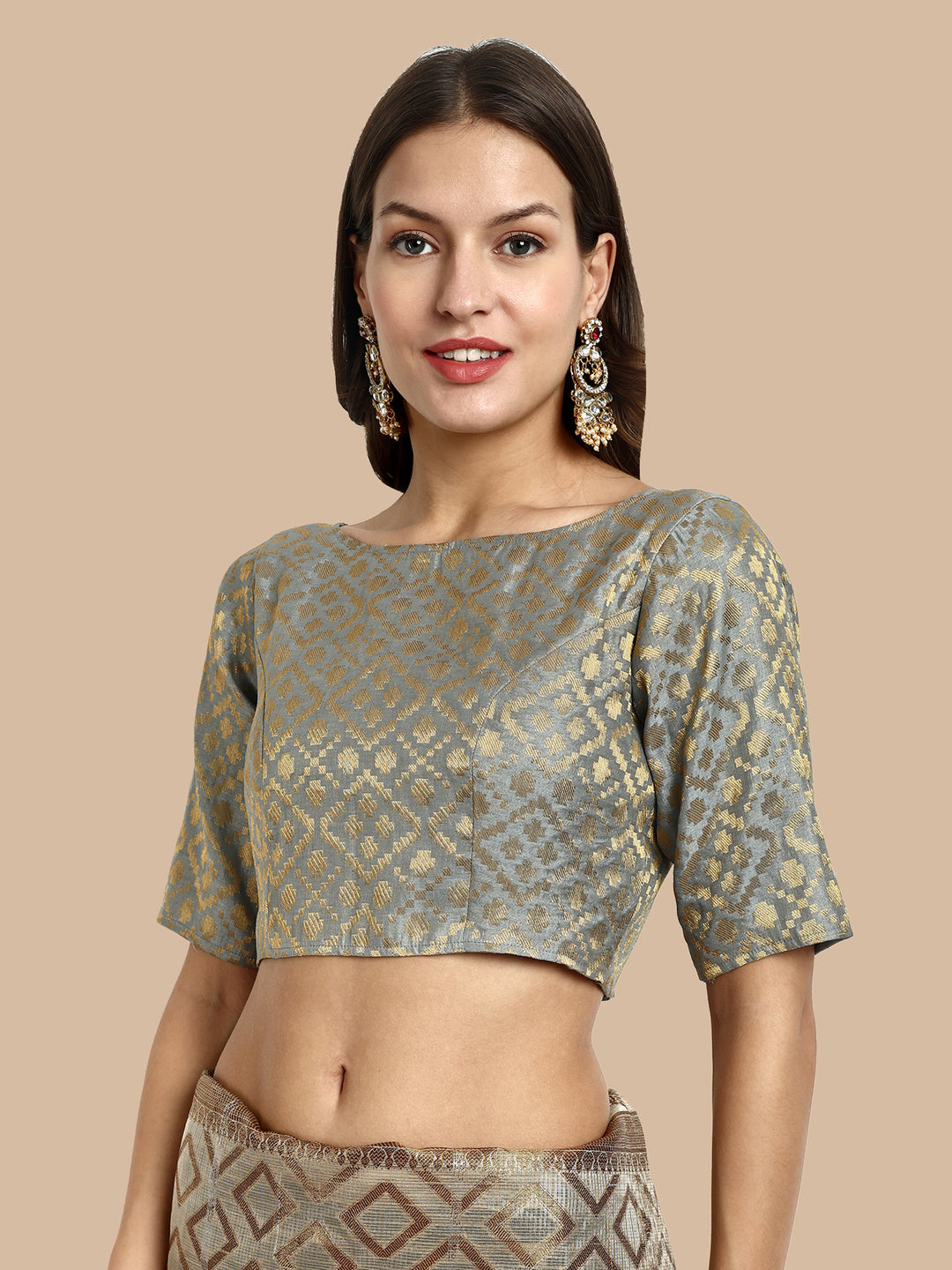 Grey Boat Neck Brocade Blouse