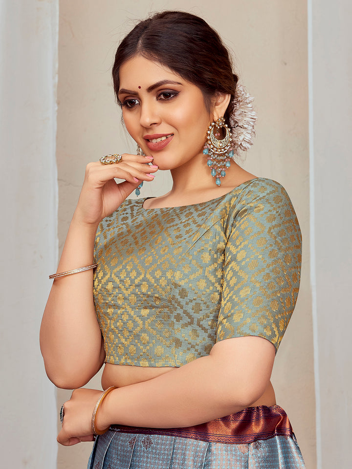 Grey Boat Neck Brocade Blouse with Gold Zari