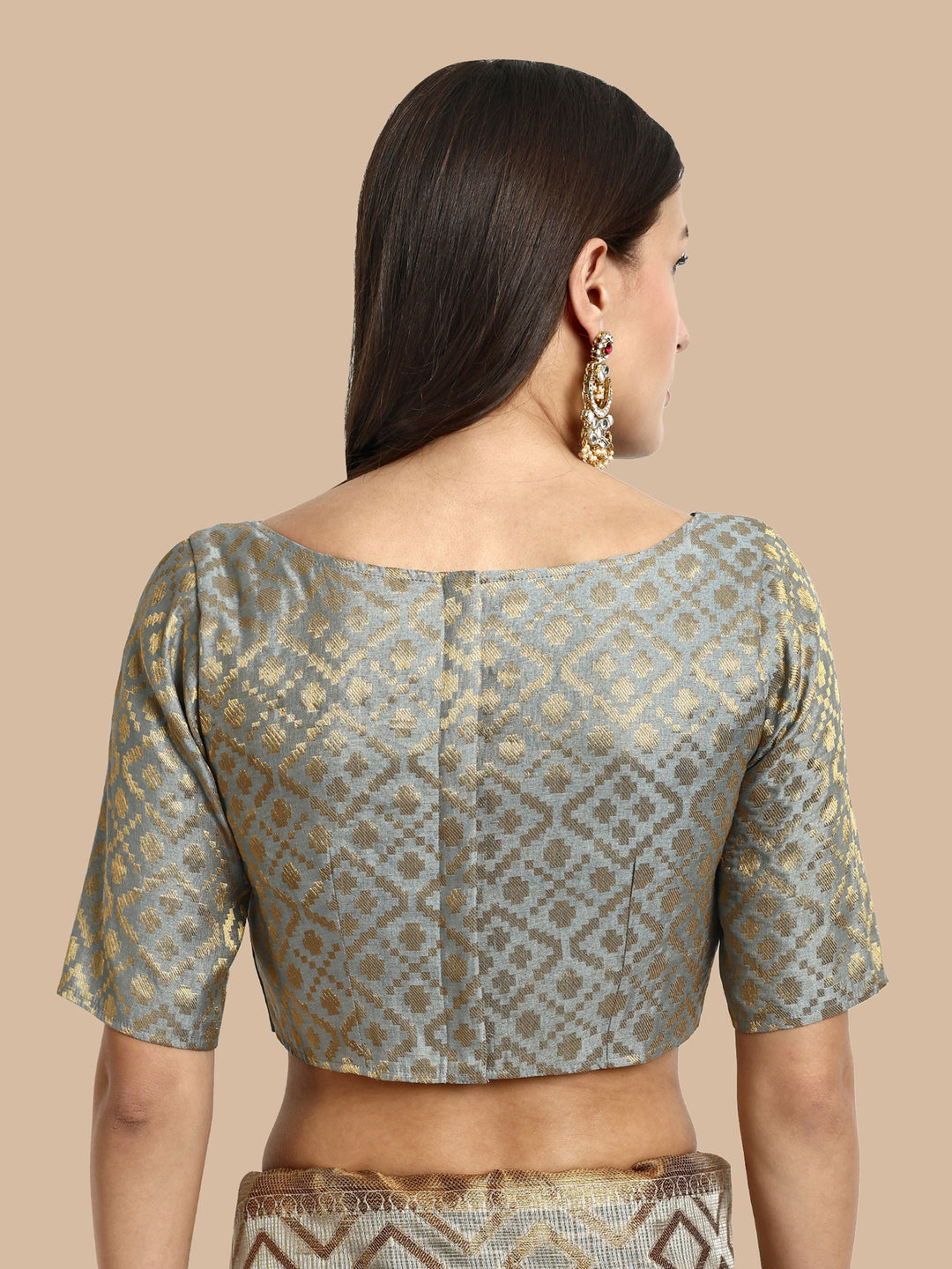 Grey Boat Neck Brocade Blouse