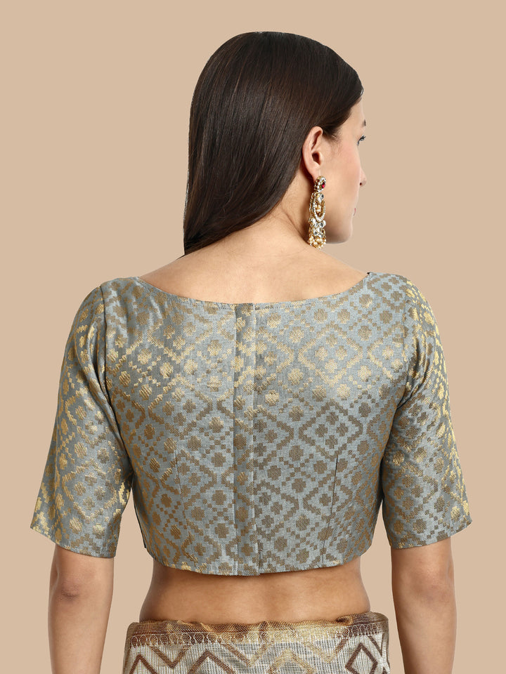 Grey Boat Neck Brocade Blouse