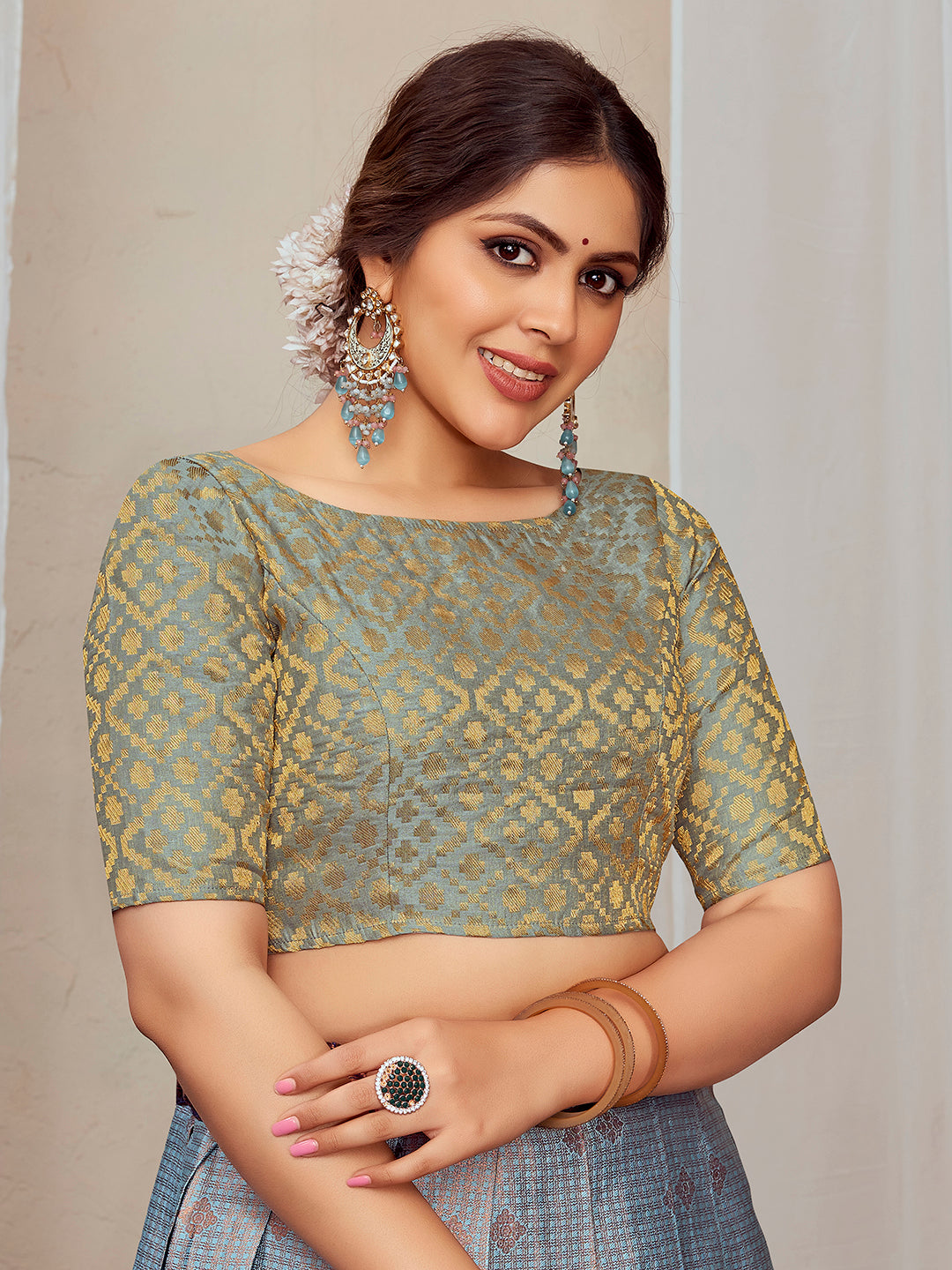 Grey Boat Neck Brocade Blouse with Gold Zari