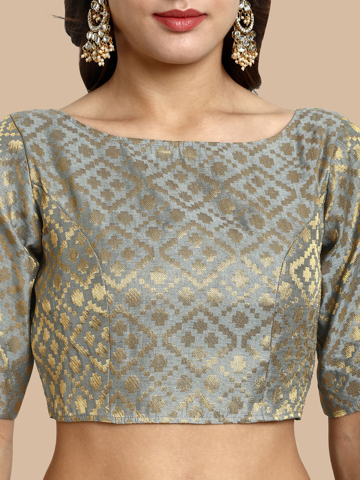 Grey Boat Neck Brocade Blouse