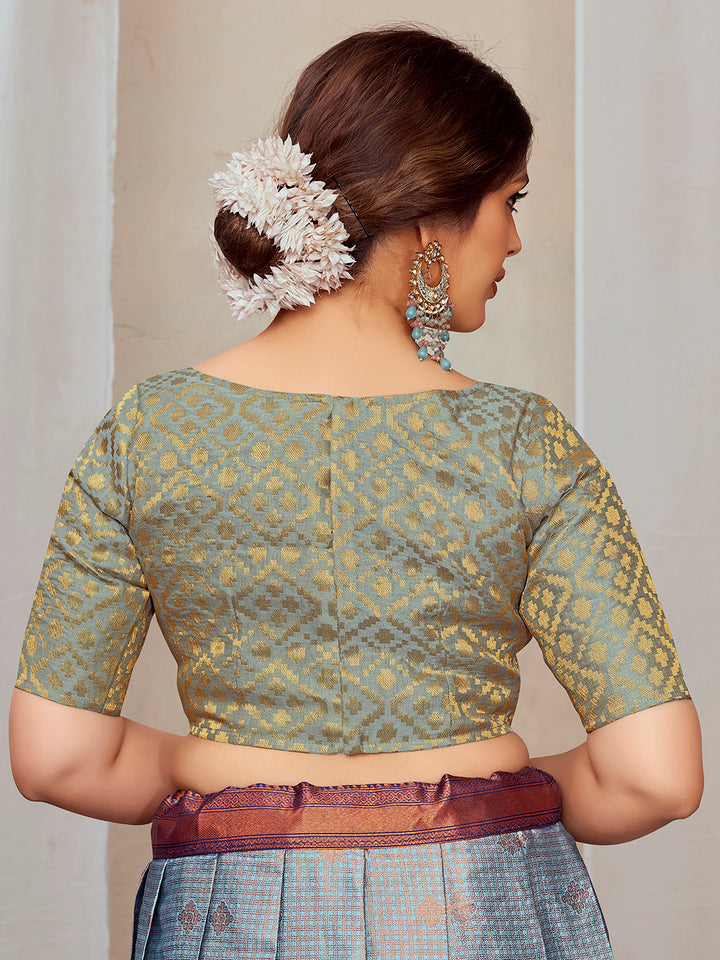 Grey Boat Neck Brocade Blouse with Gold Zari