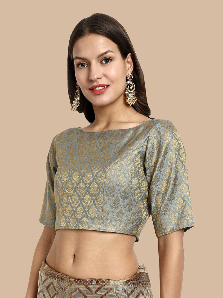 Grey Boat Neck Brocade Blouse