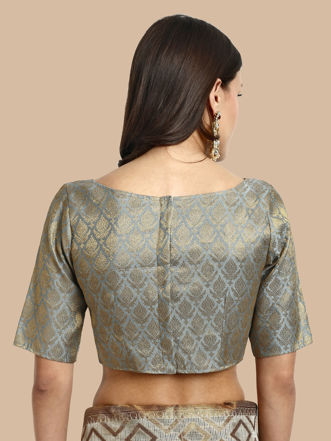 Grey Boat Neck Brocade Blouse