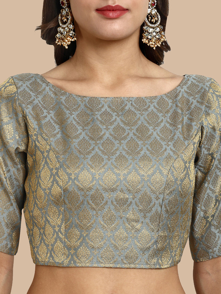 Grey Boat Neck Brocade Blouse