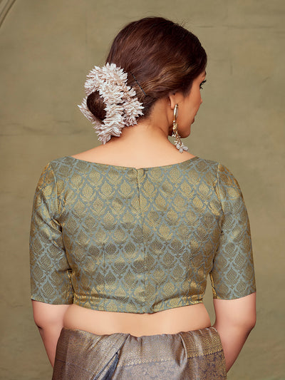 Grey Boat Neck Brocade Blouse with Gold Zari
