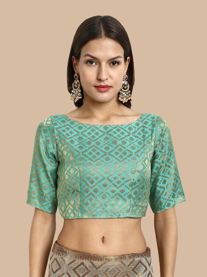 Turquoise Green Boat Neck Brocade Blouse
