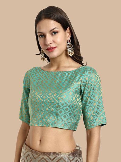 Turquoise Green Boat Neck Brocade Blouse