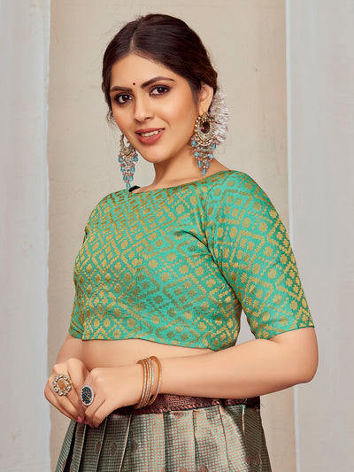 Turquoise Green Boat Neck Brocade Blouse with Gold Zari