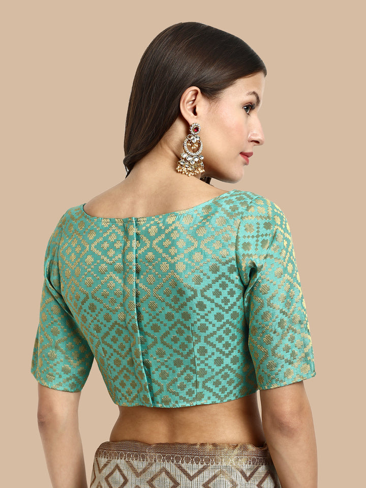Turquoise Green Boat Neck Brocade Blouse