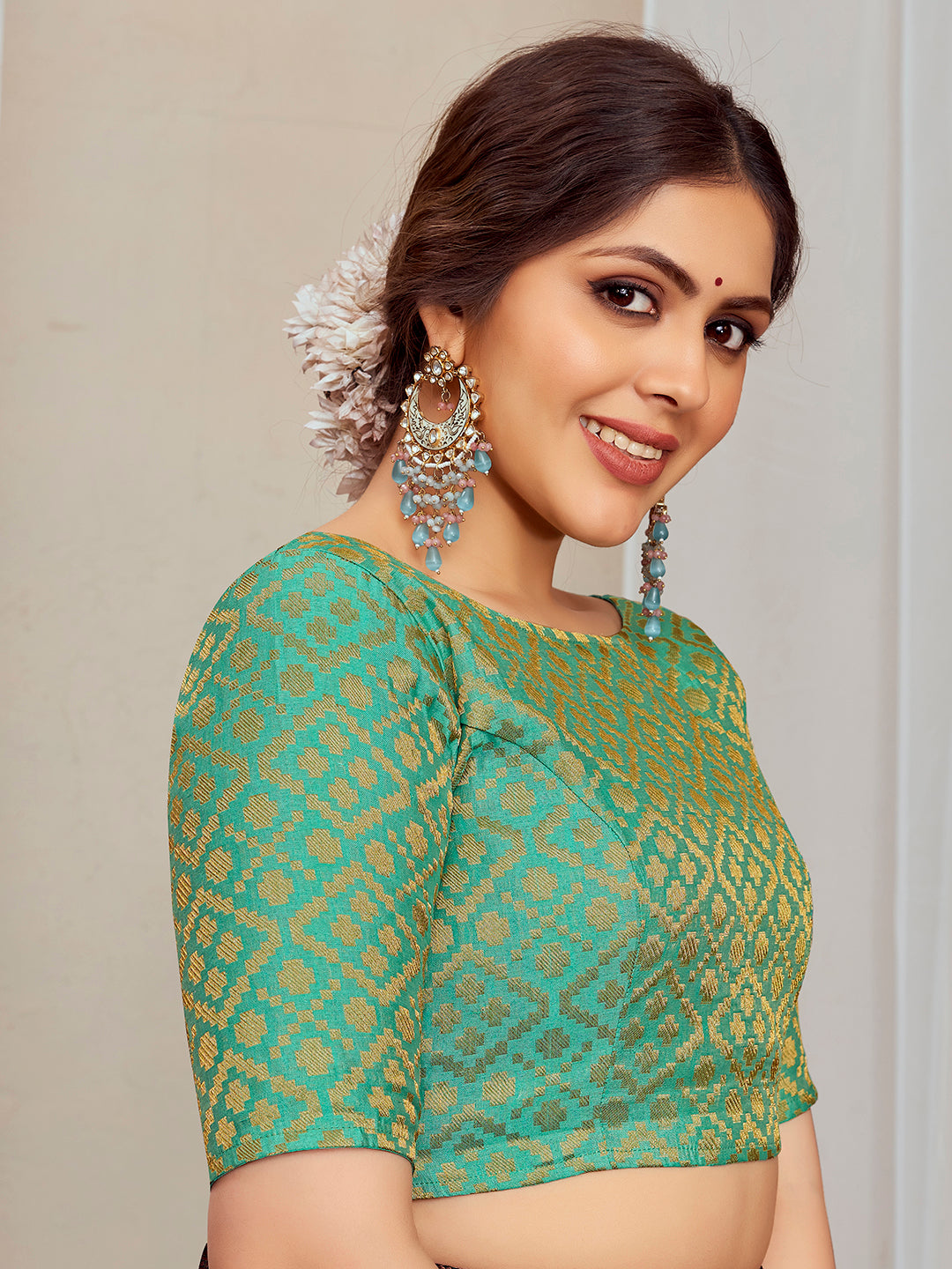 Turquoise Green Boat Neck Brocade Blouse with Gold Zari