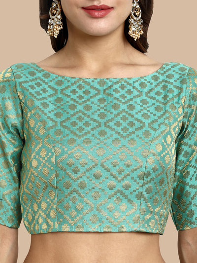 Turquoise Green Boat Neck Brocade Blouse
