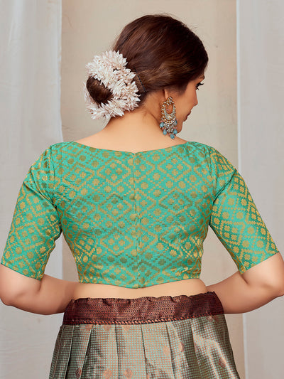 Turquoise Green Boat Neck Brocade Blouse with Gold Zari