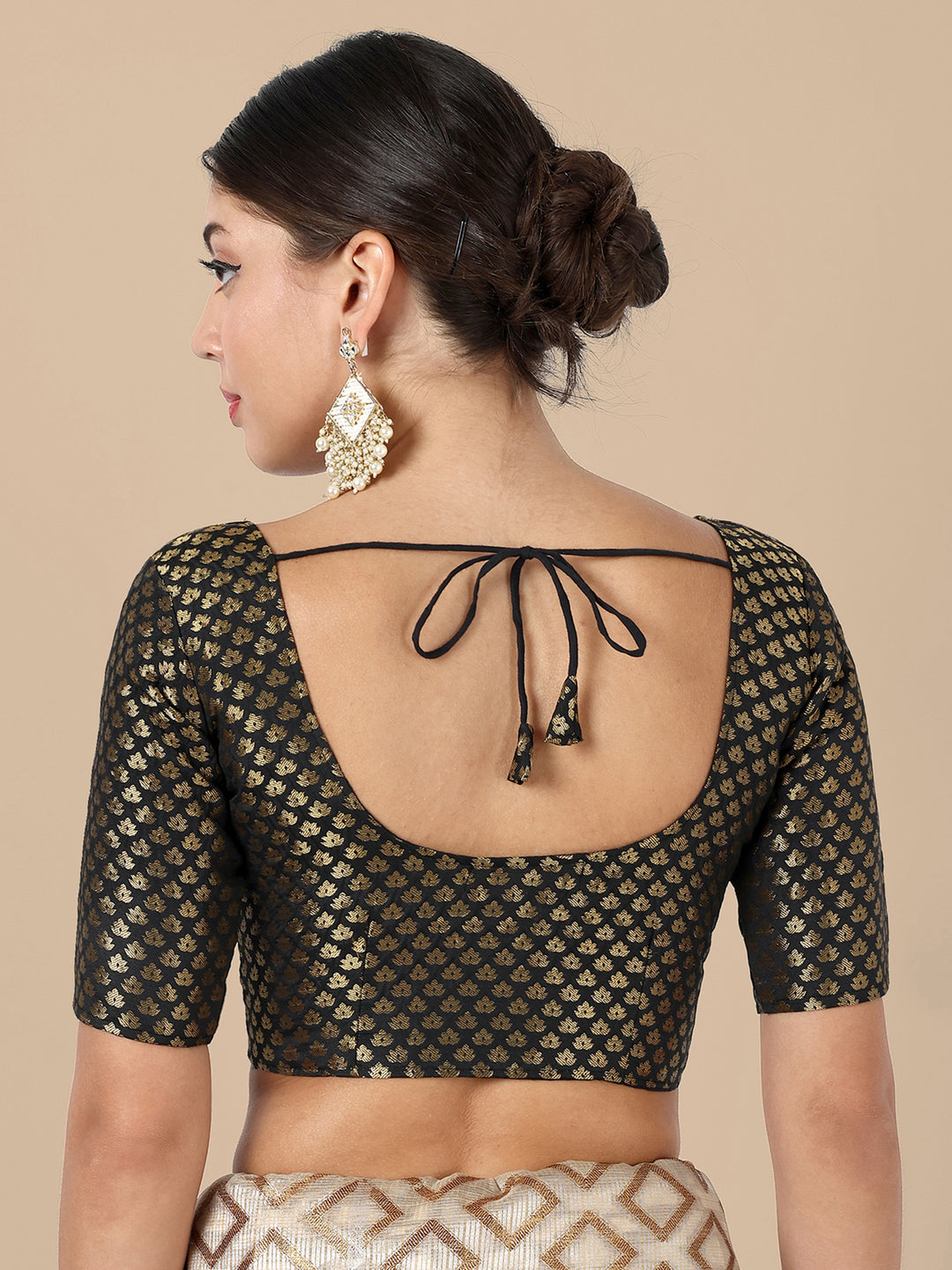 Black Round Neck Brocade Blouse