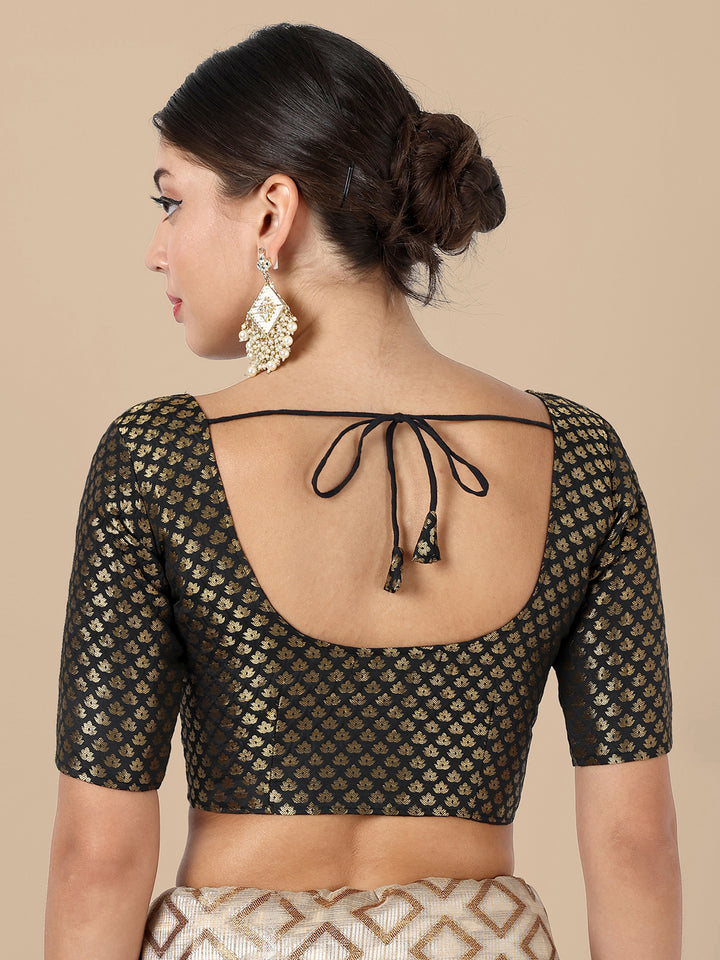 Black Round Neck Brocade Blouse