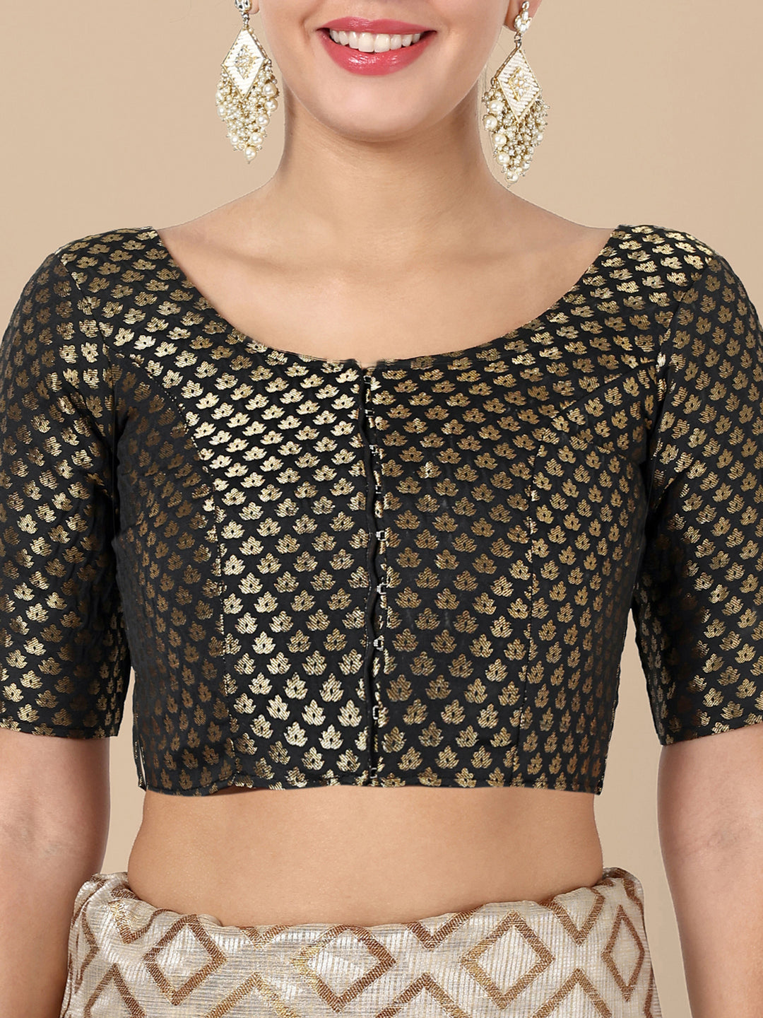 Black Round Neck Brocade Blouse
