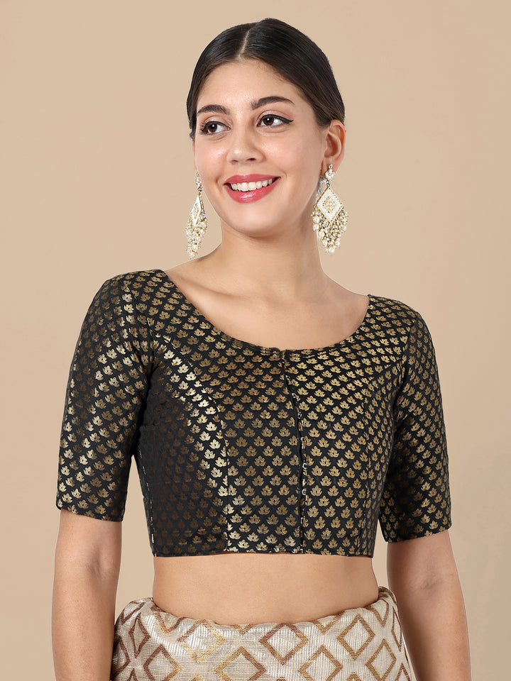 Black Round Neck Brocade Blouse