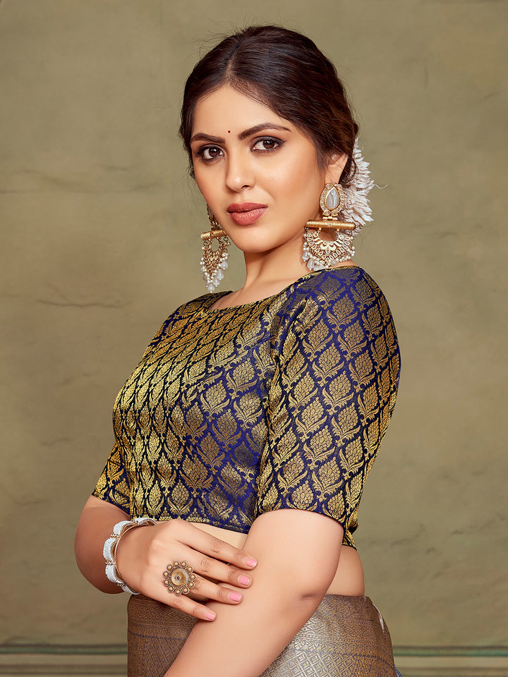Navy Blue Boat Neck Brocade Blouse with Gold Zari