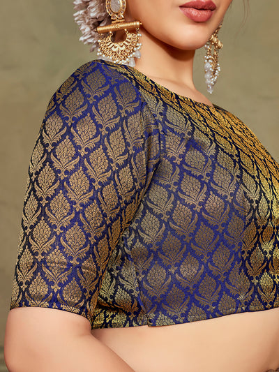 Navy Blue Boat Neck Brocade Blouse with Gold Zari