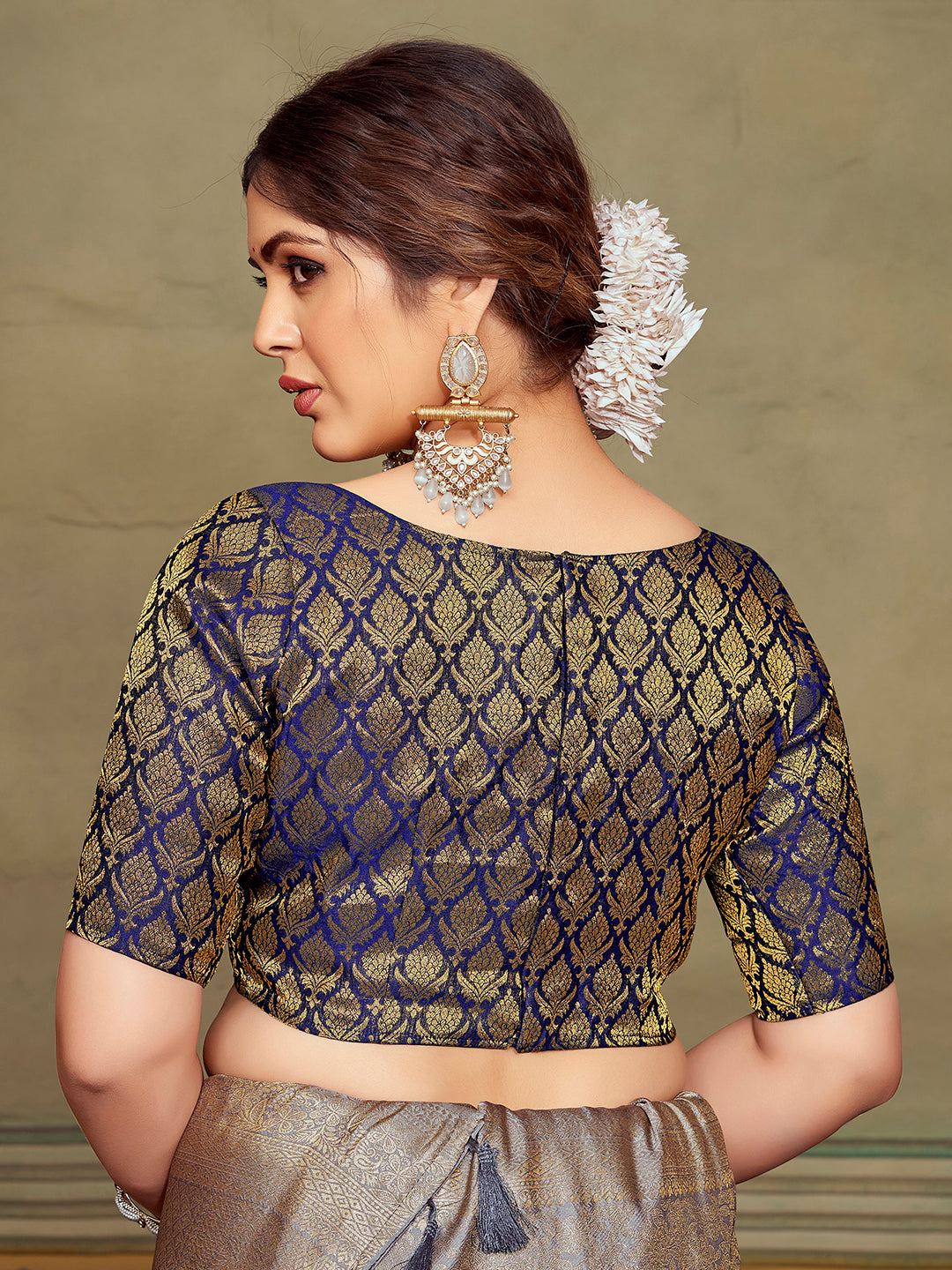 Navy Blue Boat Neck Brocade Blouse with Gold Zari