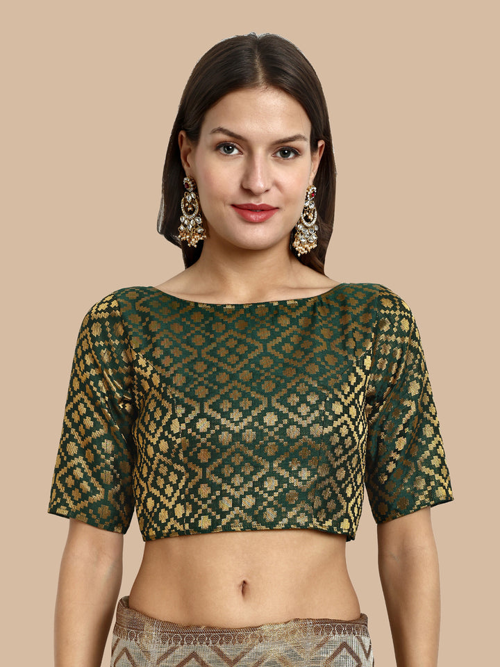 Green Boat Neck Brocade Blouse