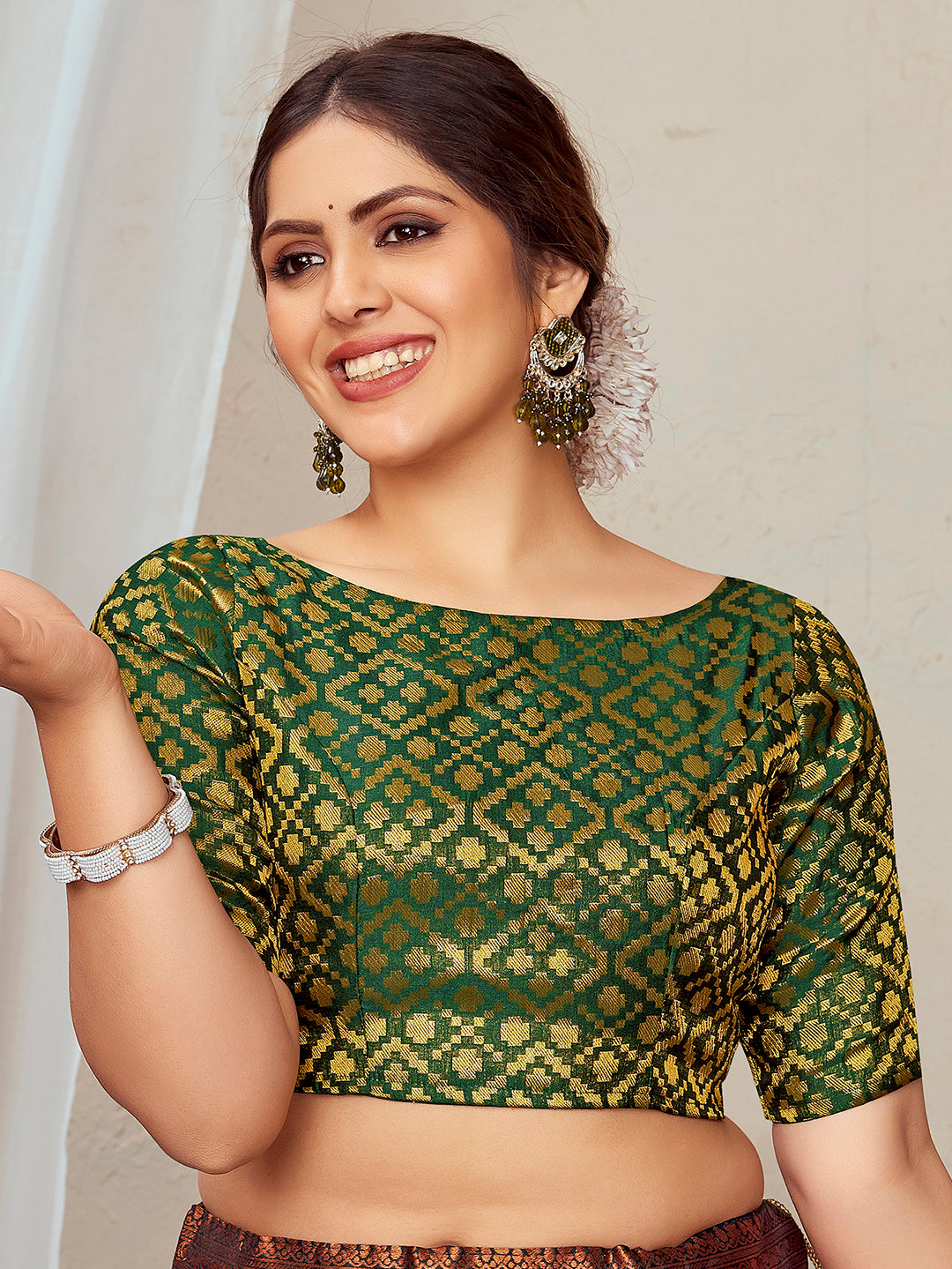 Green Boat Neck Brocade Blouse with Gold Zari