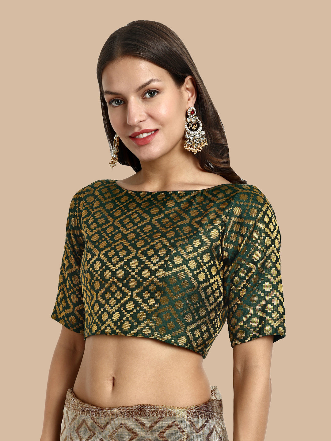 Green Boat Neck Brocade Blouse