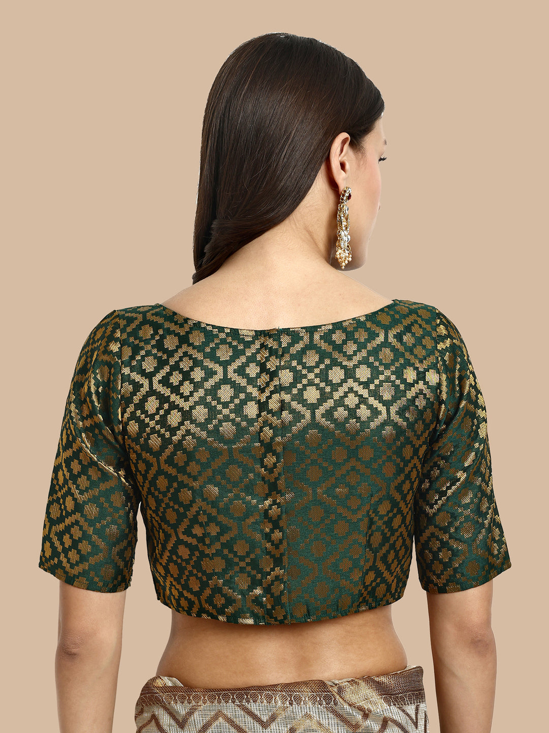 Green Boat Neck Brocade Blouse
