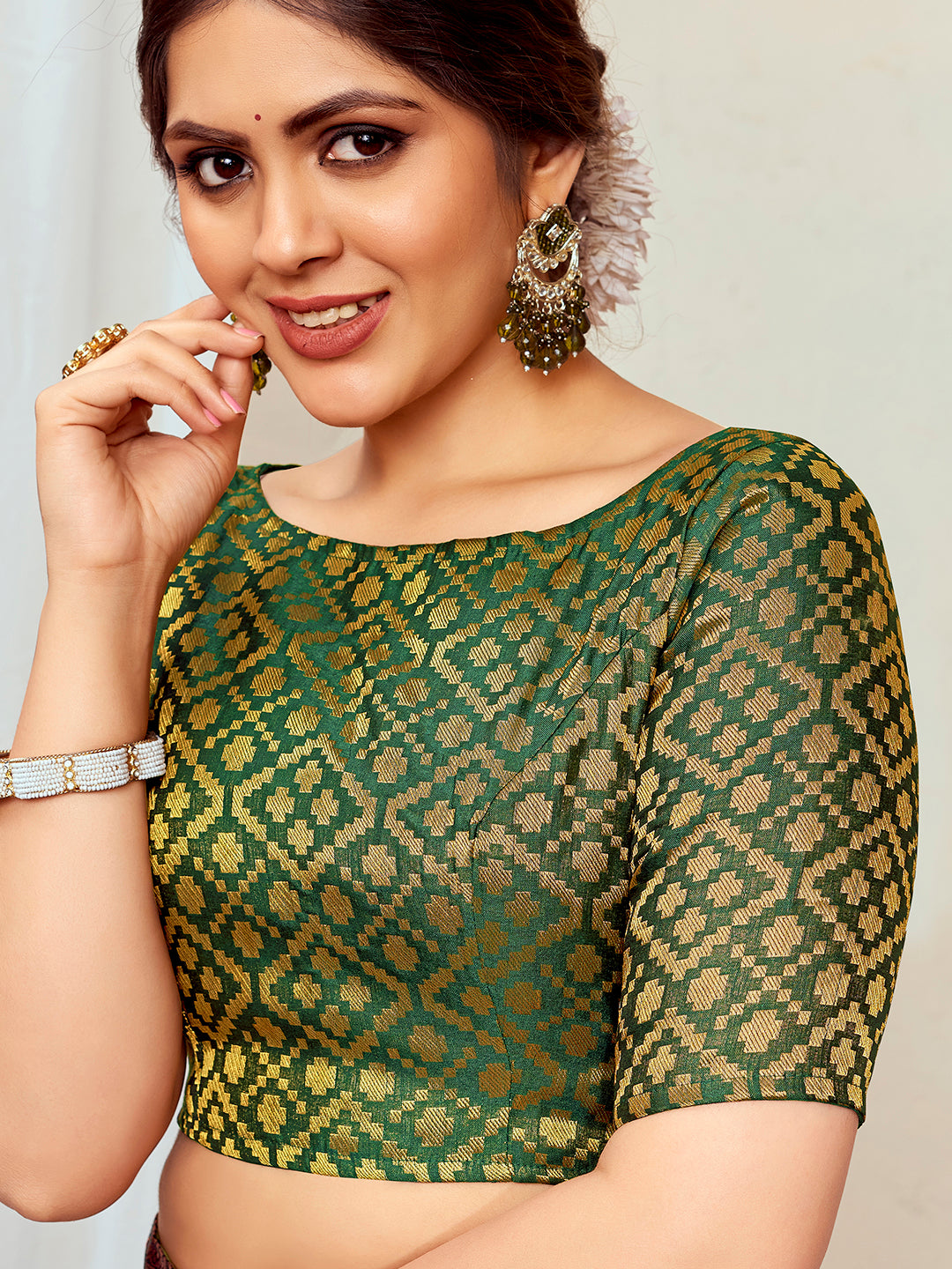 Green Boat Neck Brocade Blouse with Gold Zari