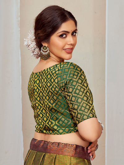Green Boat Neck Brocade Blouse with Gold Zari