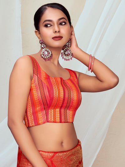 Orange Round Neck Sleeveless Padded Blouse with Gold Zari