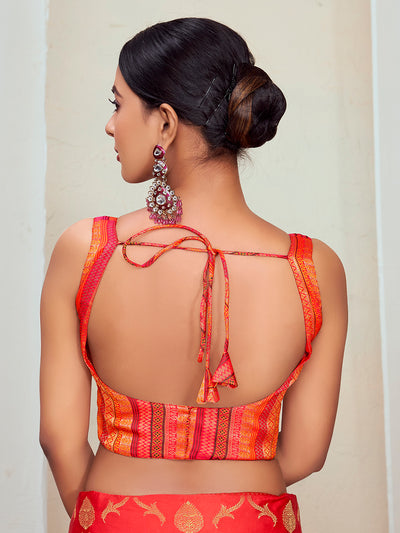 Orange Round Neck Sleeveless Padded Blouse with Gold Zari