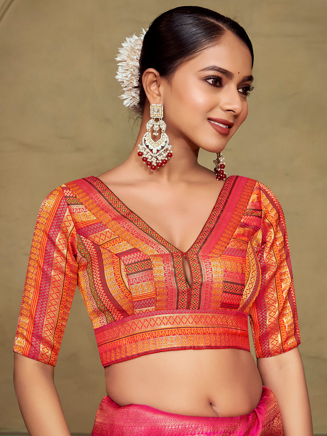 Orange V Neck Elbow Length Sleeves Padded Blouse with Gold Zari