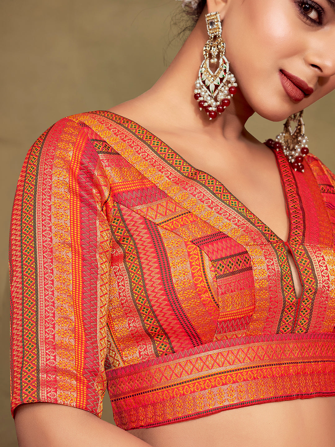 Orange V Neck Elbow Length Sleeves Padded Blouse with Gold Zari