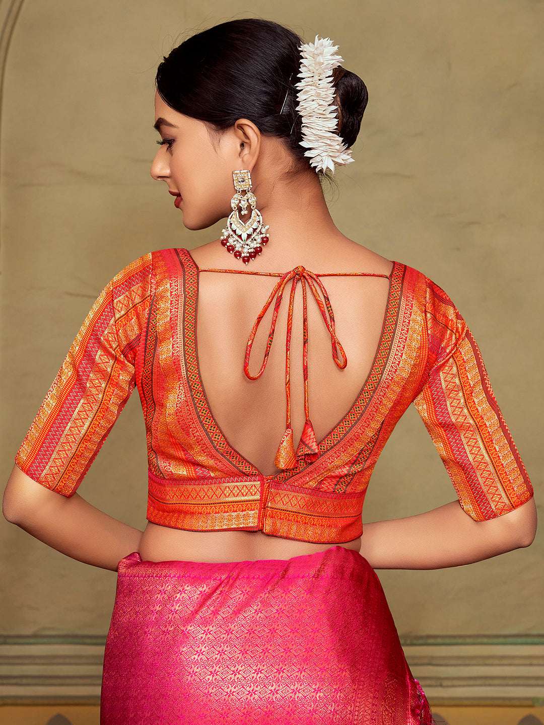 Orange V Neck Elbow Length Sleeves Padded Blouse with Gold Zari