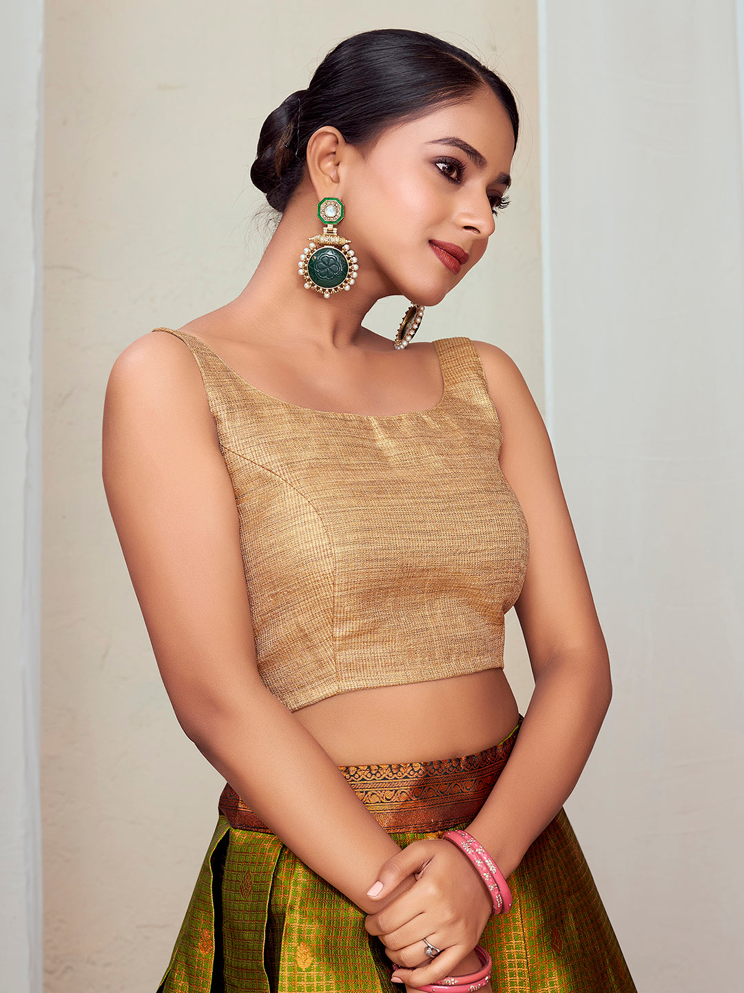 Chikoo Round Neck Sleeveless Padded Blouse with Gold Zari