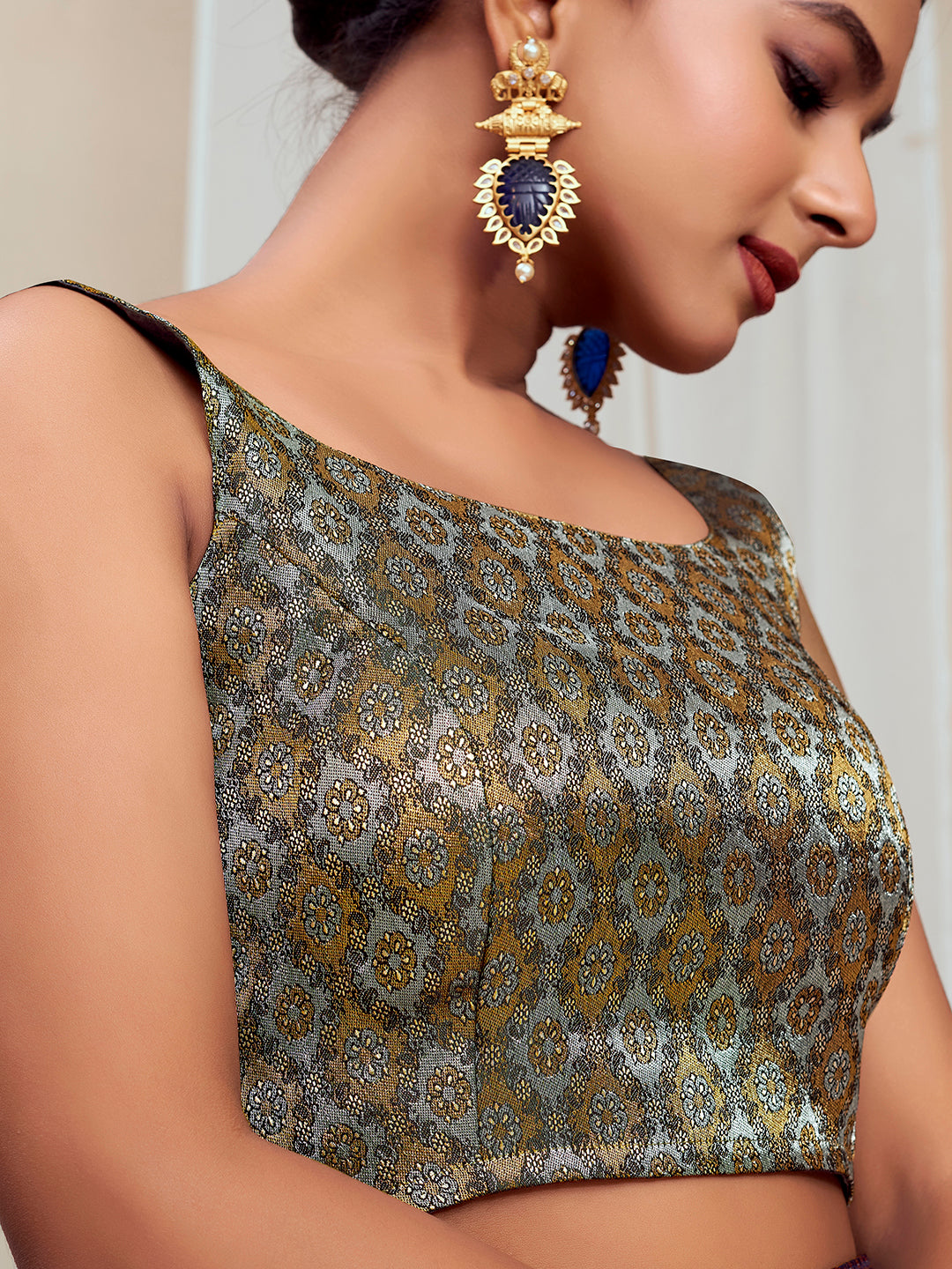 Black Round Neck Sleeveless Padded Blouse with Gold Zari