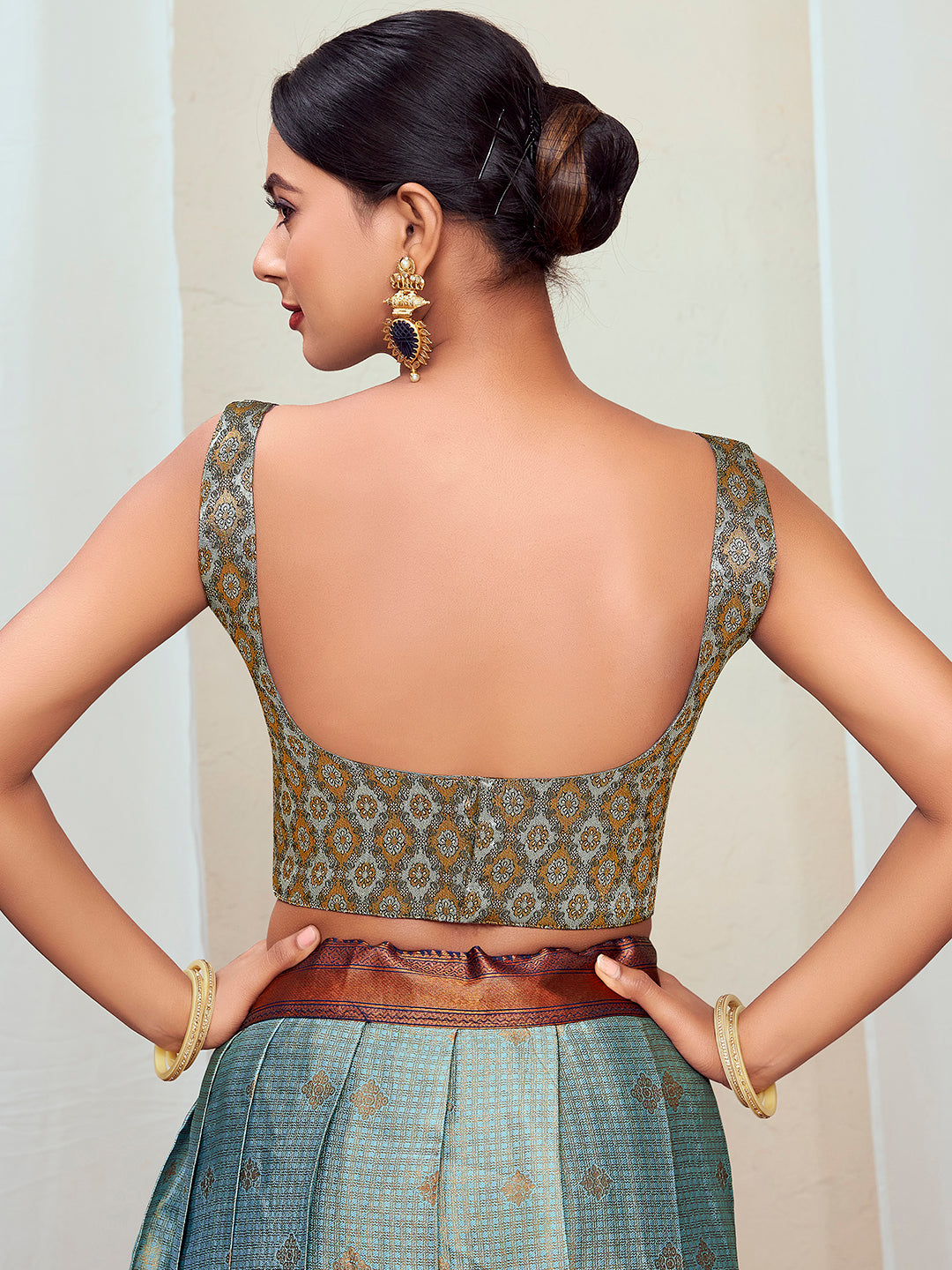 Black Round Neck Sleeveless Padded Blouse with Gold Zari