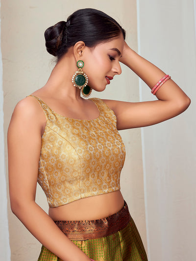 Cream Round Neck Sleeveless Padded Blouse with Gold Zari