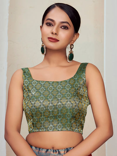 Green Round Neck Sleeveless Padded Blouse with Gold Zari