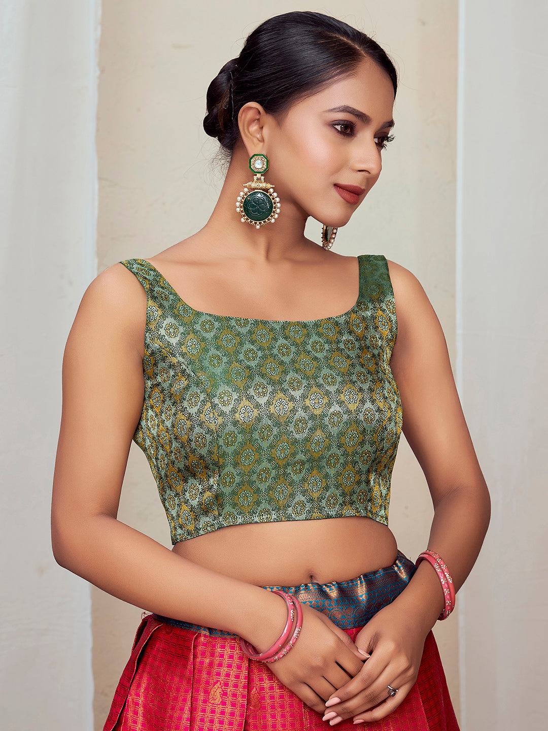 Green Round Neck Sleeveless Padded Blouse with Gold Zari