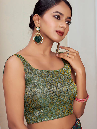 Green Round Neck Sleeveless Padded Blouse with Gold Zari