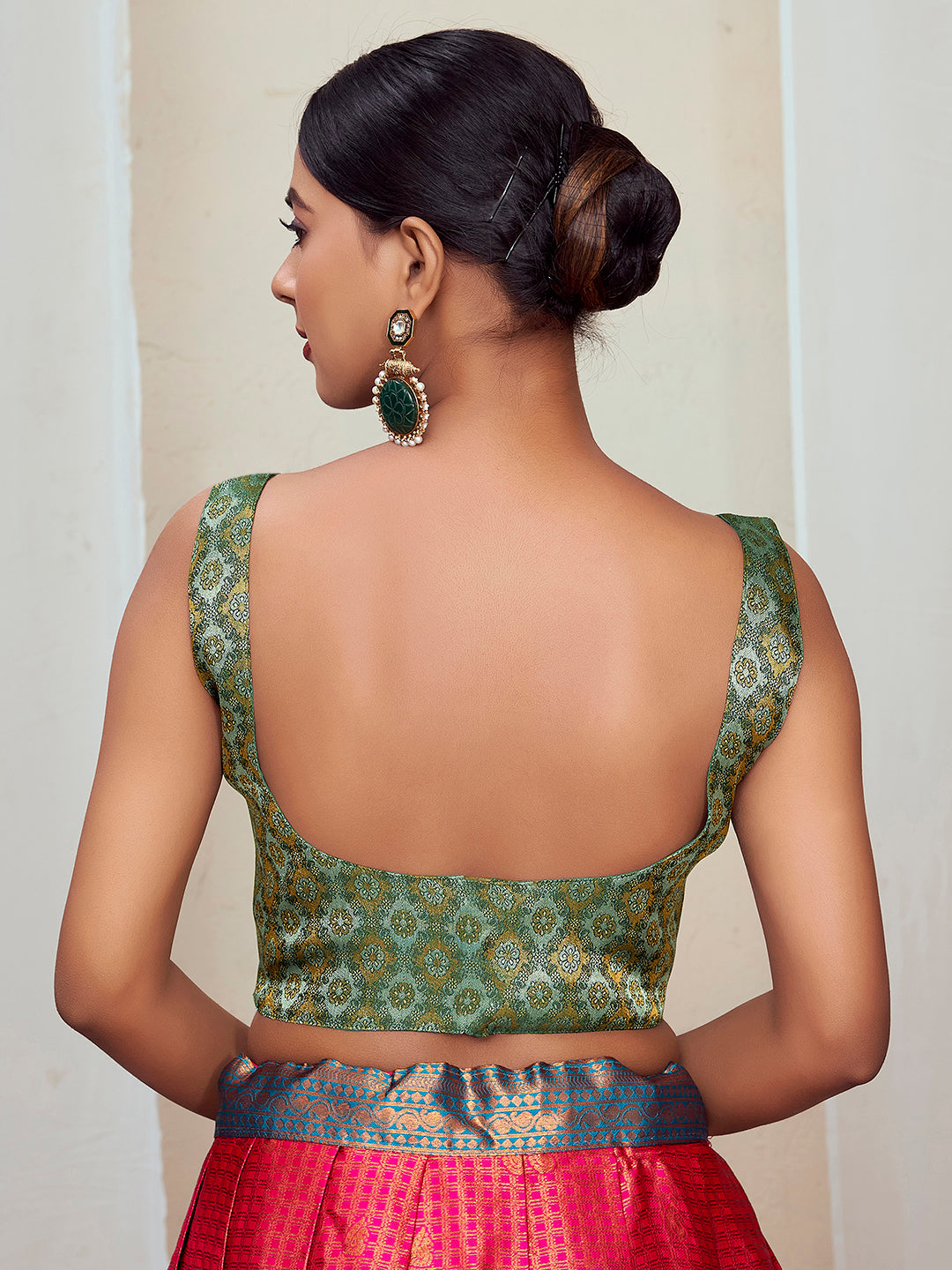 Green Round Neck Sleeveless Padded Blouse with Gold Zari