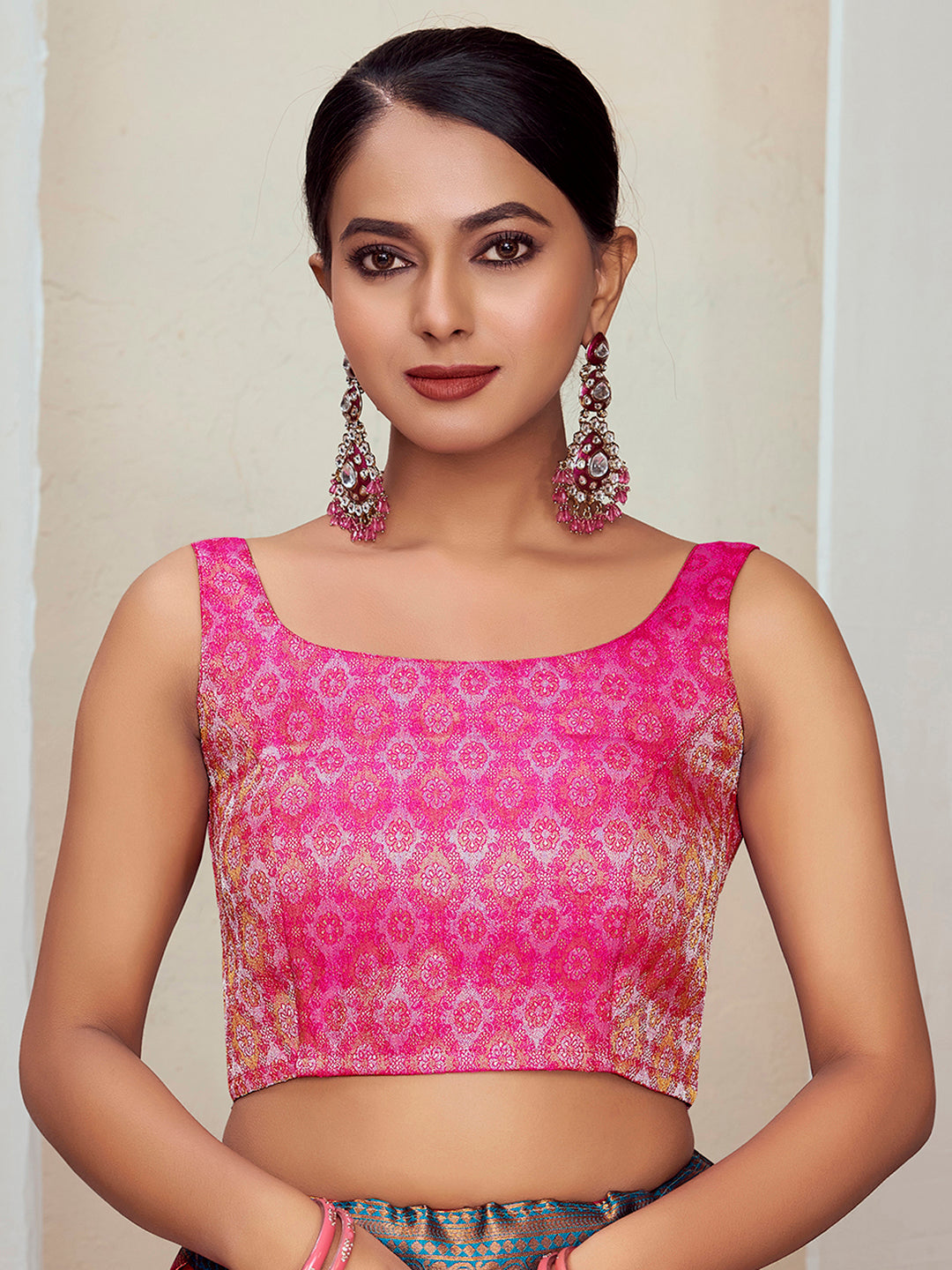 Pink Round Neck Sleeveless Padded Blouse with Gold Zari