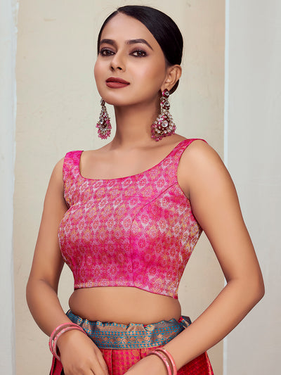 Pink Round Neck Sleeveless Padded Blouse with Gold Zari