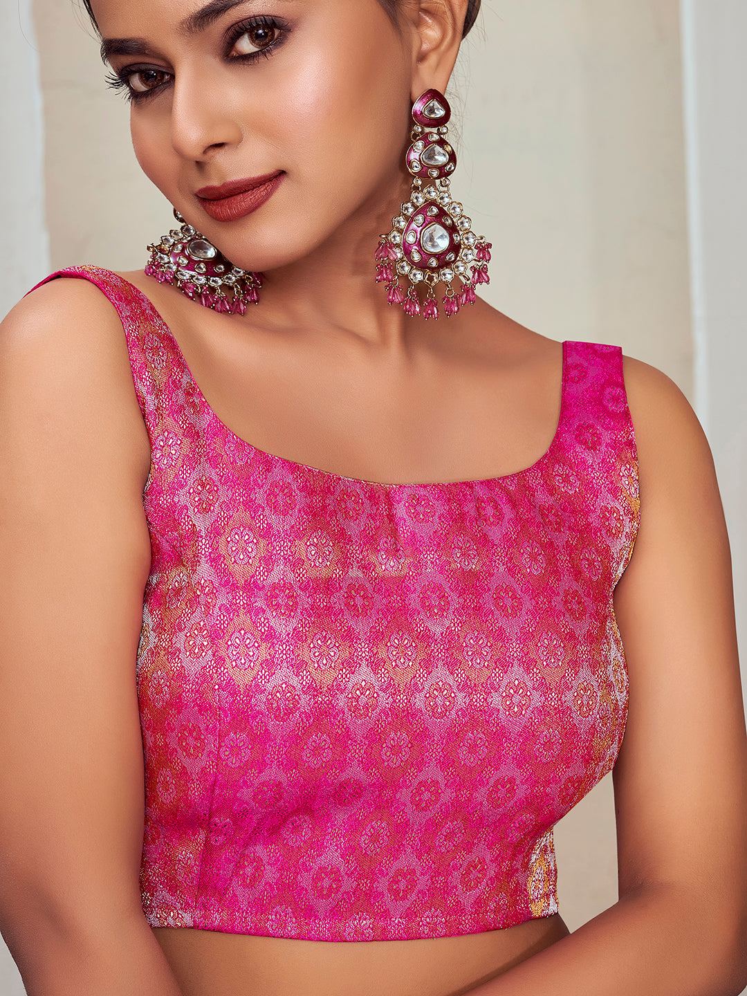 Pink Round Neck Sleeveless Padded Blouse with Gold Zari