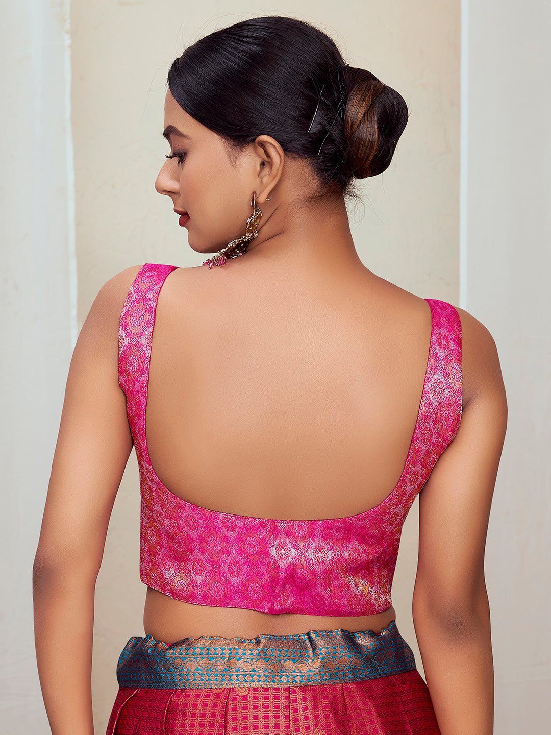 Pink Round Neck Sleeveless Padded Blouse with Gold Zari